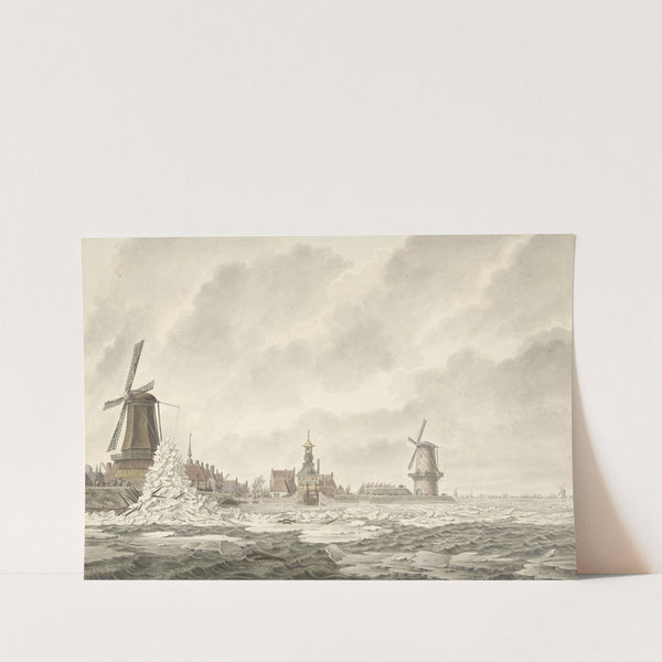 Gezicht van de opkruijing van het ijs, op en tegen de borstwering agter de Runmolen te Gorinchem, den 20.n Februarij 1799 by Cornelis de Jonker