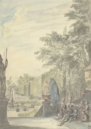 Gezicht vanaf een terras in een ornamentale tuin