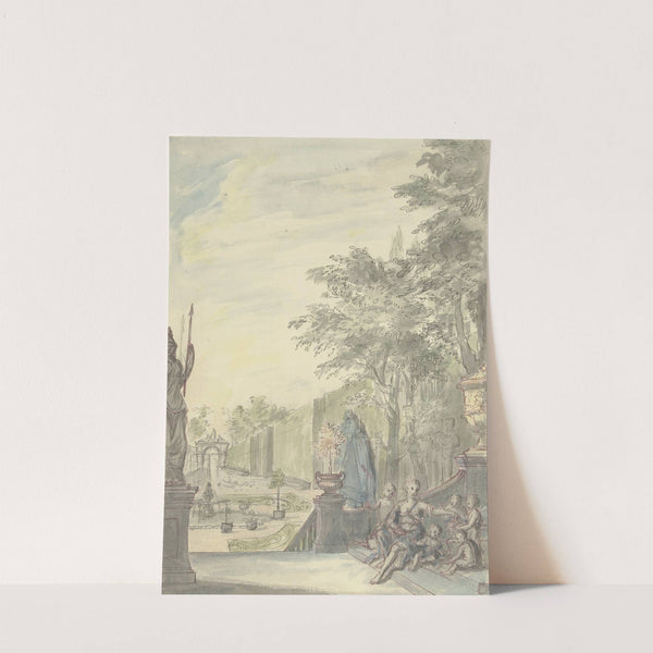 Gezicht vanaf een terras in een ornamentale tuin by Daniël Marot the younger