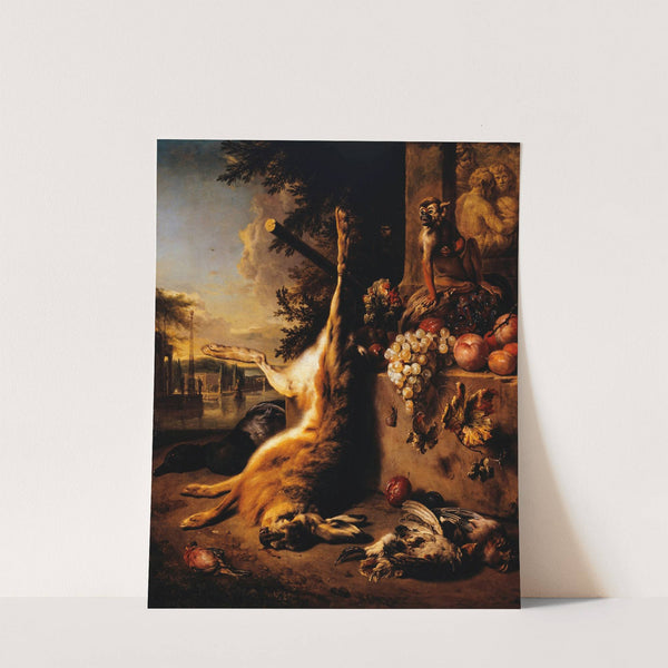 Gibier mort, singe et fruits devant un paysage by Jan Weenix