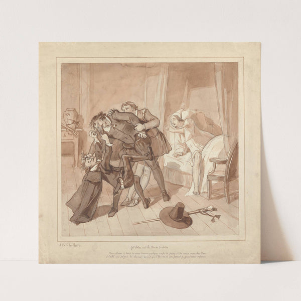 Gil Blas, While Practising Medicine under Dr. Sangrado, Encounters Dr. Cuchillo at the Bedside of the Grocer (ca. 1820) by Alfred Edward Chalon