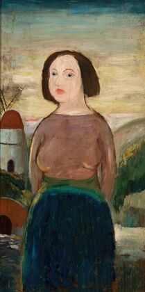 Girl against the background of a landscape with a windmill