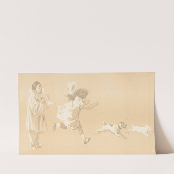 Girl chasing a dog who is chasing a rabbit while a clown looks on (1905) by Jean de Paleologue