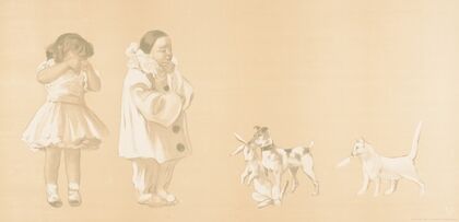 Girl crying, thoughtful clown looking down at the dog with rabbit in mouth (1905)