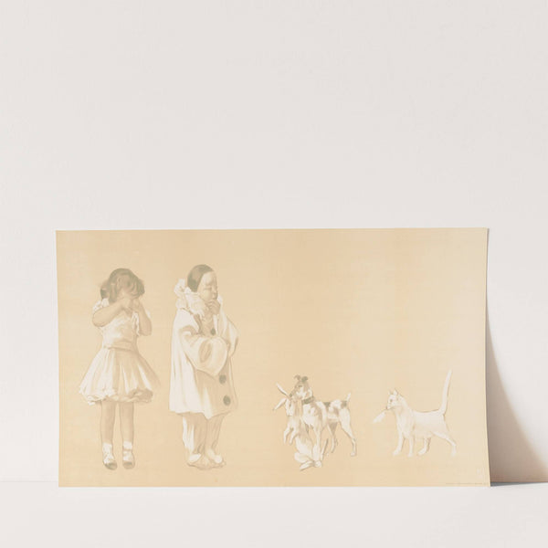 Girl crying, thoughtful clown looking down at the dog with rabbit in mouth (1905) by Jean de Paleologue