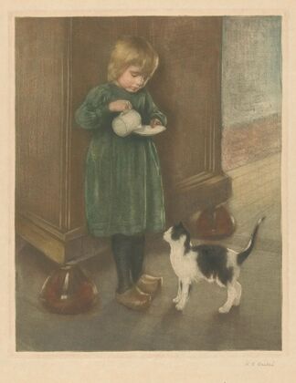 Girl feeding a cat