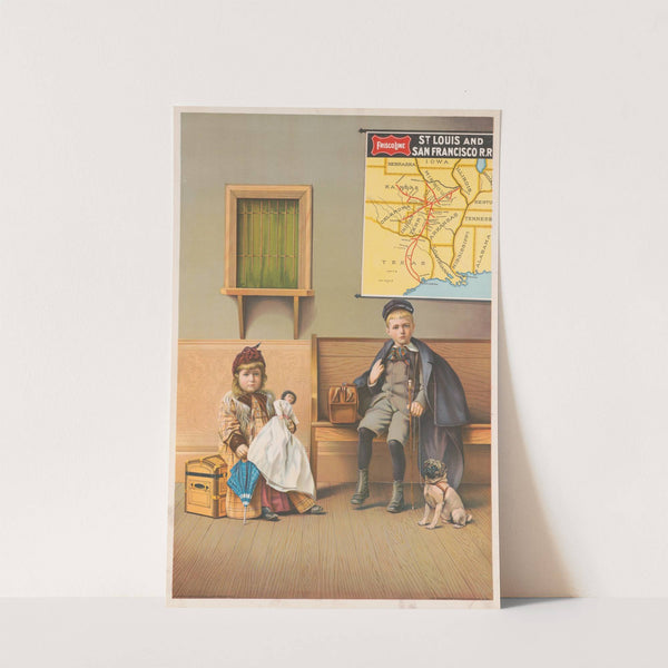 Girl holding doll and boy with dog in waiting room at railroad station (1899) by Strobridge & Co. Lith.