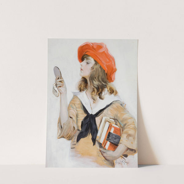 Girl in Red Beret Looking into Compact Mirror by Paul Stahr