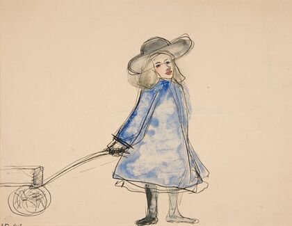 Girl Pulling Wagon (Plain Girl In Blue Dress)