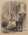Girl reading and two elderly women spinning and knitting