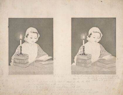Girl reading from candle light atop books