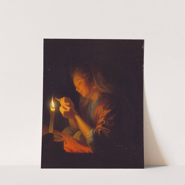 Girl threading a Needle by Candlelight by Godfried Schalcken