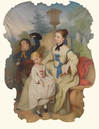 Girl With A Fan And Two Children In Elegant Dress