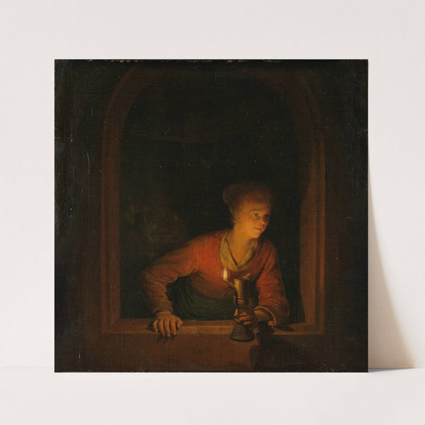 Girl with an Oil Lamp at a Window by Studio of Gerrit Dou