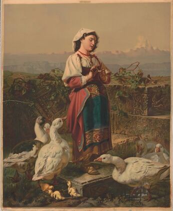 Girl with geese and gosslings with mountains in the background (1873)