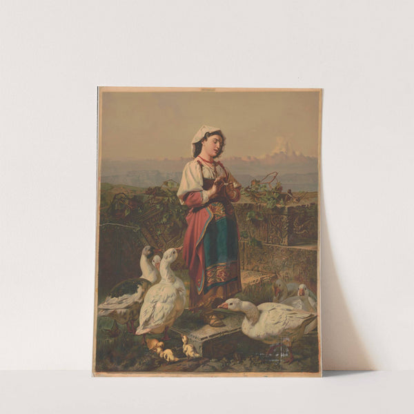 Girl with geese and gosslings with mountains in the background (1873) by A. & C Kaufmann