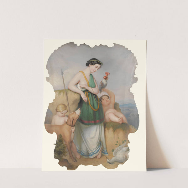 Girl With Two Children, Hound And Birds by Continental School