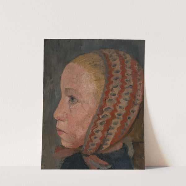 Girl's head with a striped cap in profile to the left by Paula Modersohn-Becker