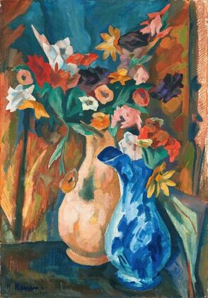 Gladiolen und Dahlien in zwei Vasen (1914)
