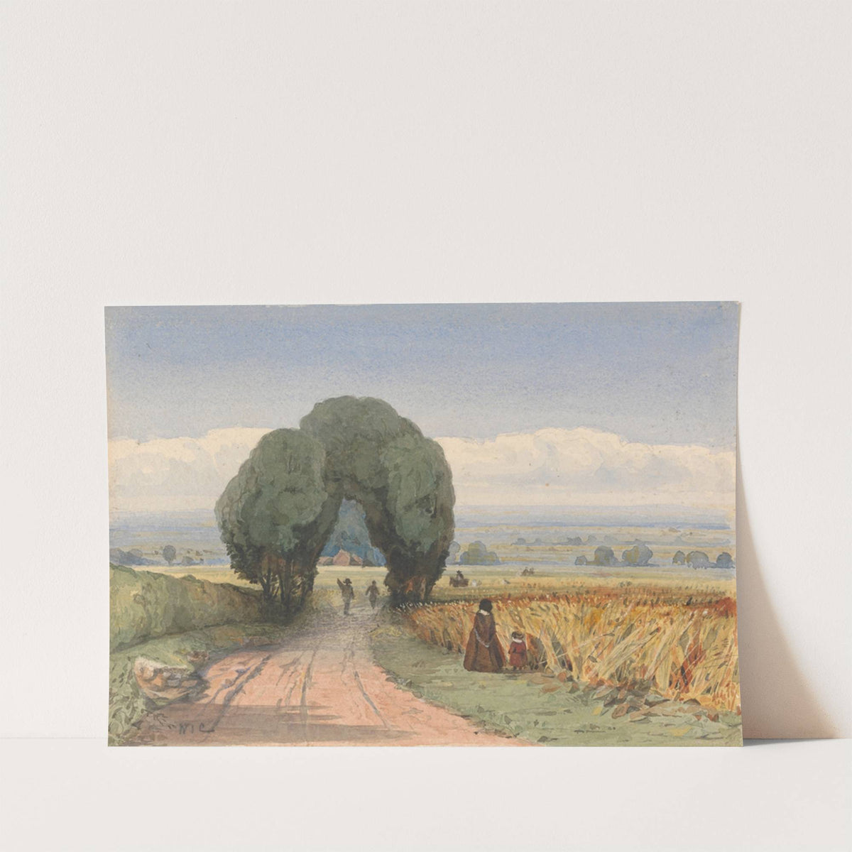 Gloucestershire - a woman and child on a road bordering fields of ripe corn at Moreton-in-Marsh by William John Chamberlayne