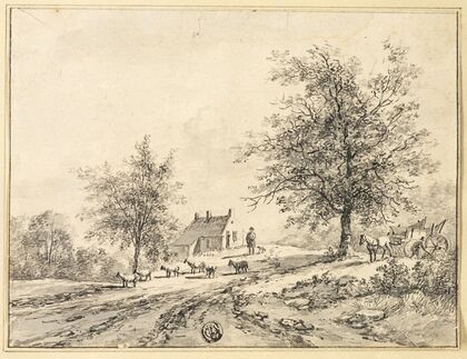 Goatherd, Goats on Road near Carriage and House