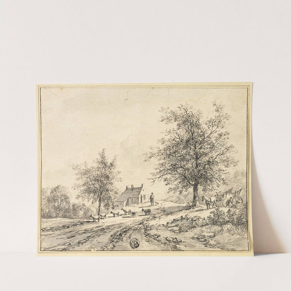 Goatherd, Goats on Road near Carriage and House by Bruno van Straaten