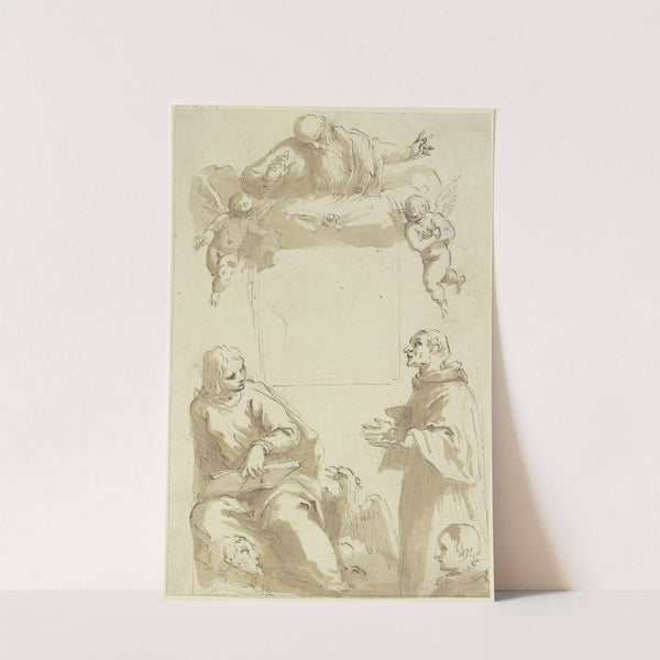 Gottvater mit Taube und Engeln über leerem quadratischem Feld, darunter Johannes der Evangelist und ein anderer anbetender Heiliger sowie die Köpfe von zwei Stiftern by Jacopo Palma il Giovane