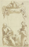 Gottvater mit Taube und Engeln über leerem quadratischem Feld, darunter Johannes der Evangelist und ein anderer anbetender Heiliger sowie die Köpfe von zwei Stiftern