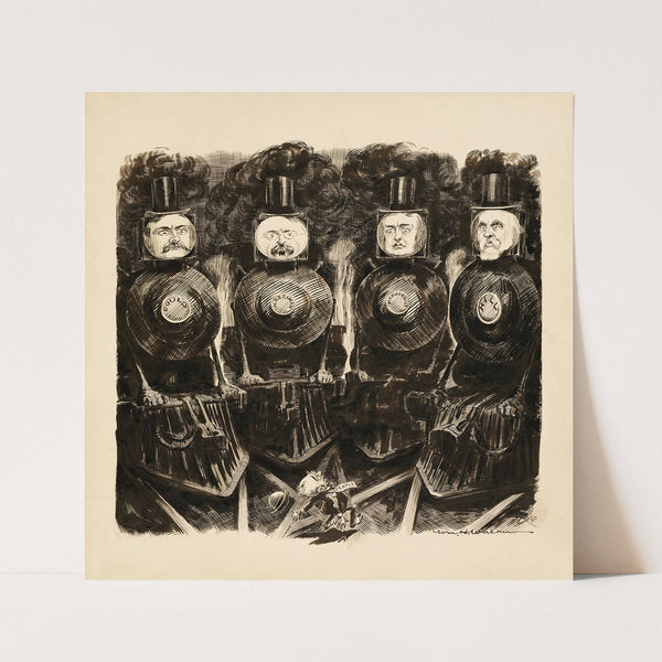 Gould, Harriman, Vanderbilt, and Hill, depicted as trains, about to run over a small man representing the people. (1907) by William Henry Walker