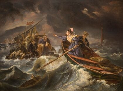 Grace Darling and Her Father Rescuing Survivors from the Wreck of the ‘Forfarshire’ on the Farne Islands, Sept. 7th 1838 (circa 1838) — size preview