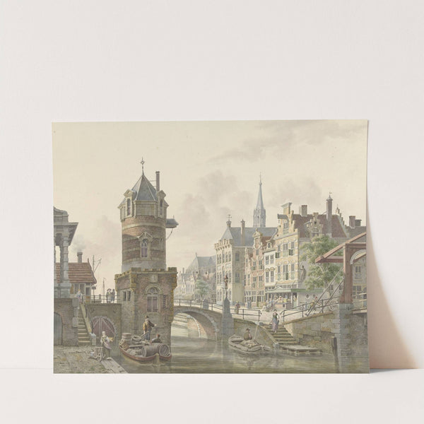 Gracht in een stad met een torentje bij een stenen brug by Jan Hendrik Verheijen