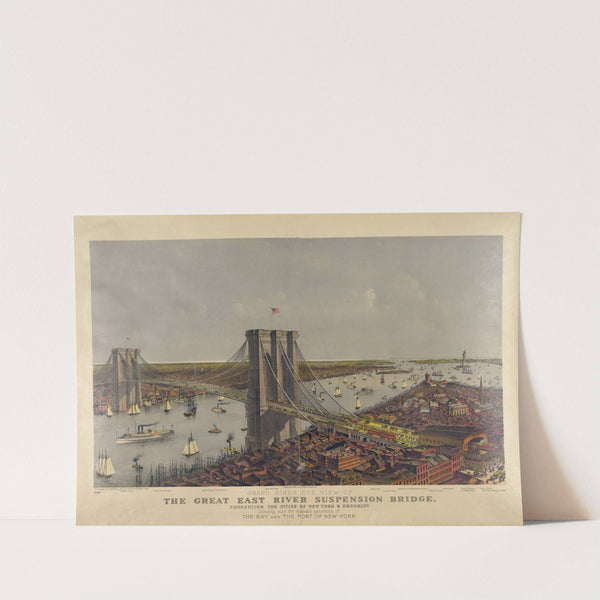 Grand birds eye view of the Great East River suspension bridge Connecting the cities of New York & Brooklyn (1885) by Currier & Ives.