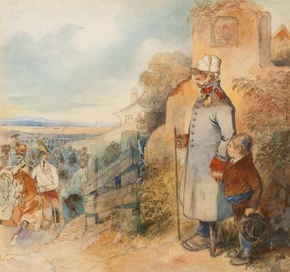 grandfather and his grandson observing Archduke Karl of Austria Teschen in the uniform of a general after the the victorious battle of Aspern