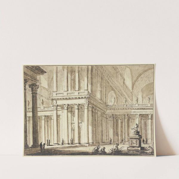 Grandiose Säulenhalle, rechts eine Statue vor welcher mehrere Menschen knien by Charles-Michel-Ange Challe
