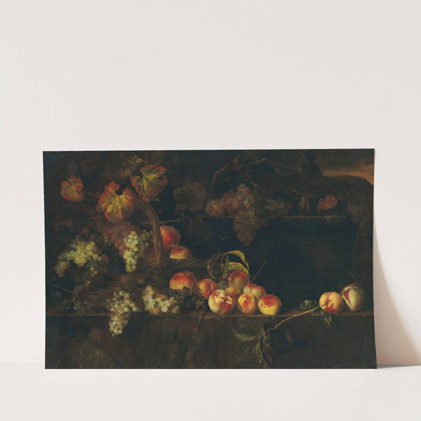 Grapes and peaches in a wicker basket with other fruit on a ledge, a landscape beyond by Nicolas de Largillière