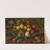 Grapes, peaches, apples and plums in a wan-li bowl on a ledge, with shells, a grasshopper and other fruit (1625) by Balthasar van der Ast