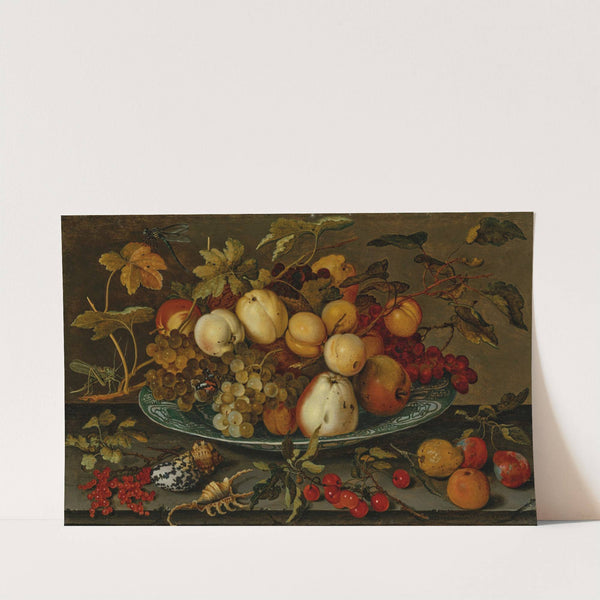 Grapes, peaches, apples and plums in a wan-li bowl on a ledge, with shells, a grasshopper and other fruit (1625) by Balthasar van der Ast