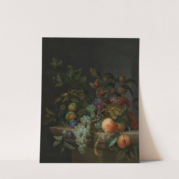 Grapes, peaches, plums, blackberries, rosehips, a melon, an ear of barley, a vine tendril, chestnuts, walnuts and hazelnuts with a fly, caterpillar and beetle on a stone ledge by Pieter Gallis