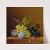 Grapes, plums, raspberries, flowers and an acorn on a wooden ledge by Arnoldus Bloemers