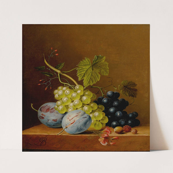 Grapes, plums, raspberries, flowers and an acorn on a wooden ledge by Arnoldus Bloemers