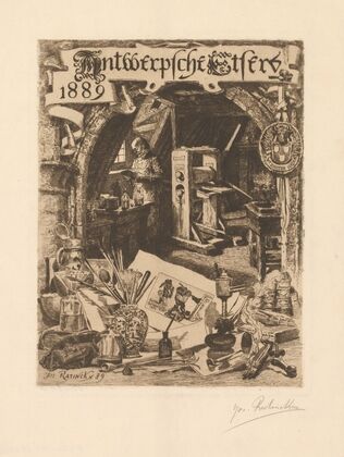 Graphic artist in his workshop with various graphic attributes in the foreground (1889)