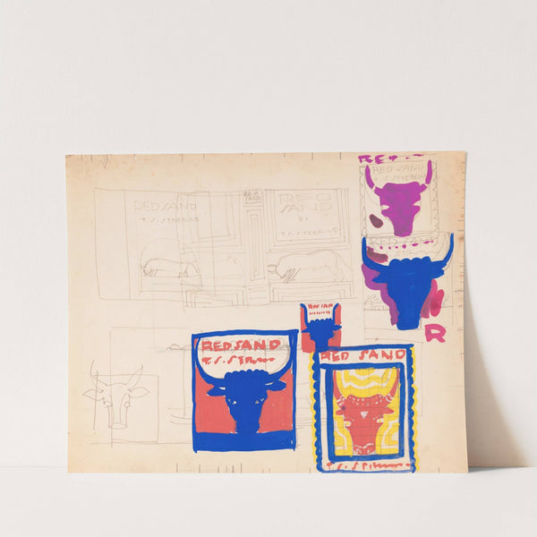 Graphic design for cover of the book 'Red Sand'., Sketches with bull's head and body by Winold Reiss