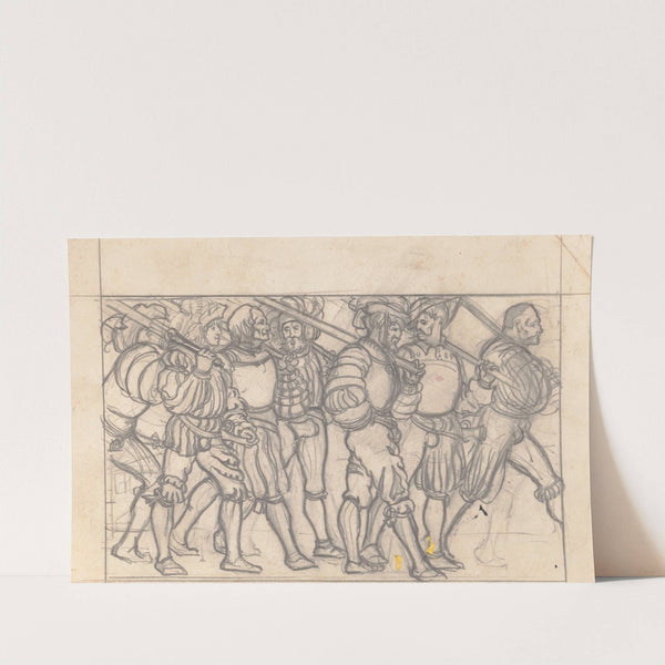 Graphic designs for Scribner's Magazine cover, Medieval Festival theme. Drawing of men with medieval clothing and items, walking to the right by Winold Reiss