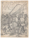 Graphic designs for Scribner’s Magazine cover, Medieval Festival theme. Drawing of men with medieval clothing and weapons, including Scribner’s logo