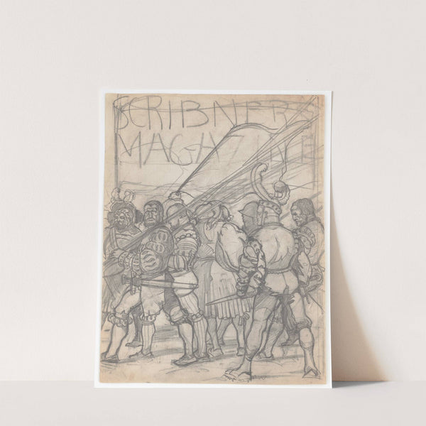 Graphic designs for Scribner's Magazine cover, Medieval Festival theme. Drawing of men with medieval clothing and weapons, including Scribner's logo by Winold Reiss