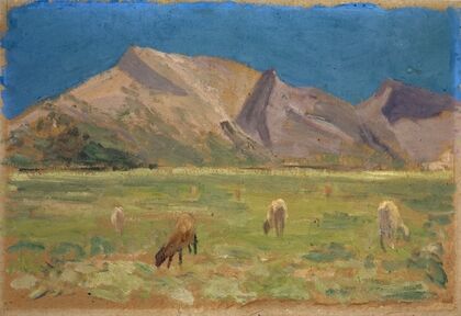 Grazing Sheep in front of Bare Hills