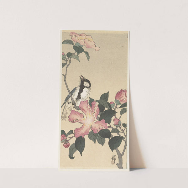 Great tit on branch with pink flowers by Ohara Koson