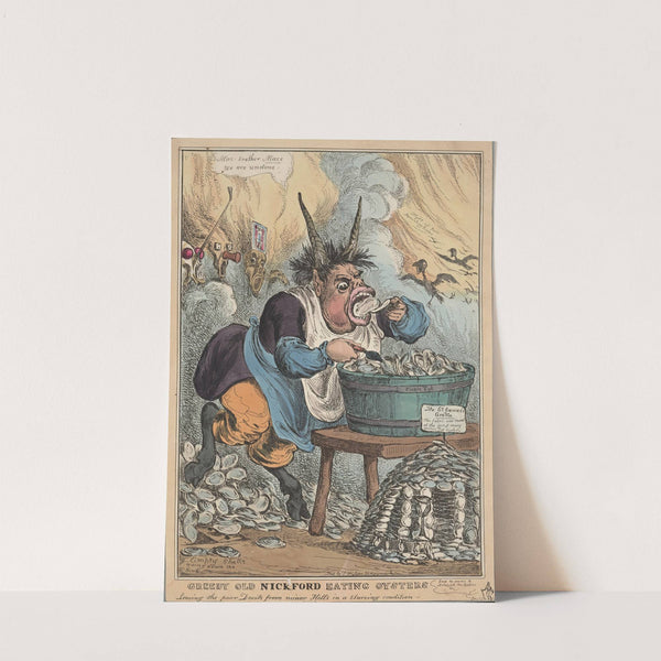 Greedy old Nickford eating oysters, leaving the poor devils from minor hells in a starving condition. (1829) by William Heath