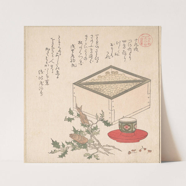 Green Peas in a Measure and Sprays of Hollyhock with Heads of Sardines by Kubo Shunman