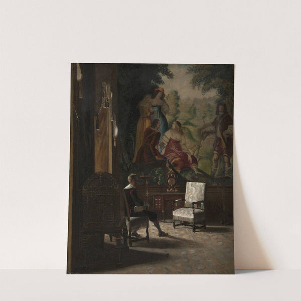 Gripsholm, interiör från Kungens sängkammare med manlig staffagefigur by Edvard Perséus